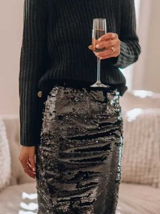 

Glittering Sequined Hip Aline Skirt Slim Fit Women's Skirt Bodycon Half-length Evening Gown for Young Women