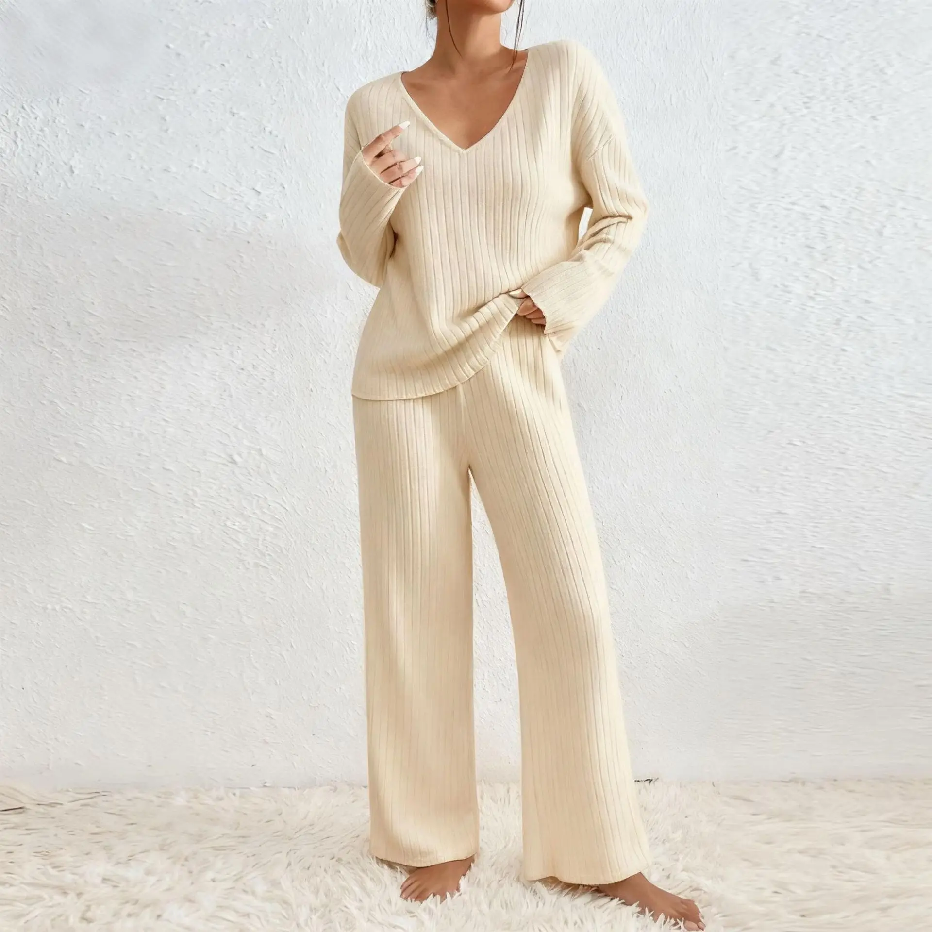 Damen Geripptes Strick-Zweiteiler-Set V-Ausschnitt Langarm-Oberteil Weite Hose Herbst Locker Lässige Loungewear Eleganter Hausanzug – Detail 24