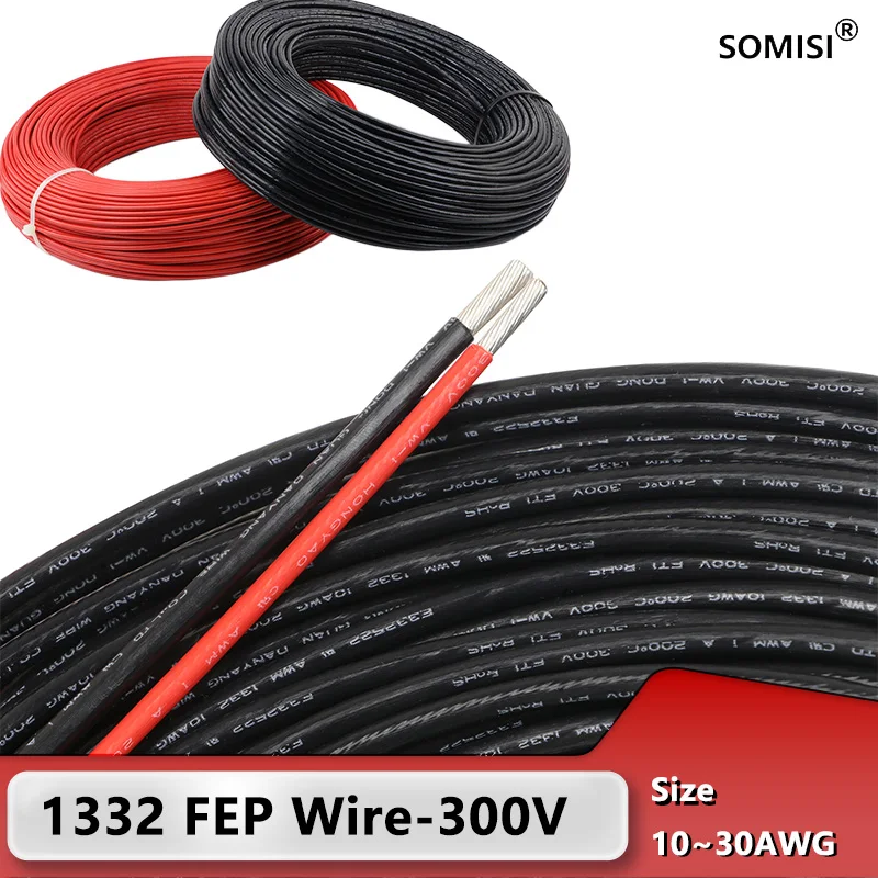 1~100M 30~10 AWG Black Red 1332 PTFE Wire High Temperature Resistant FEP Insulated Tinned Copper Cable for 3D Printer Supplies