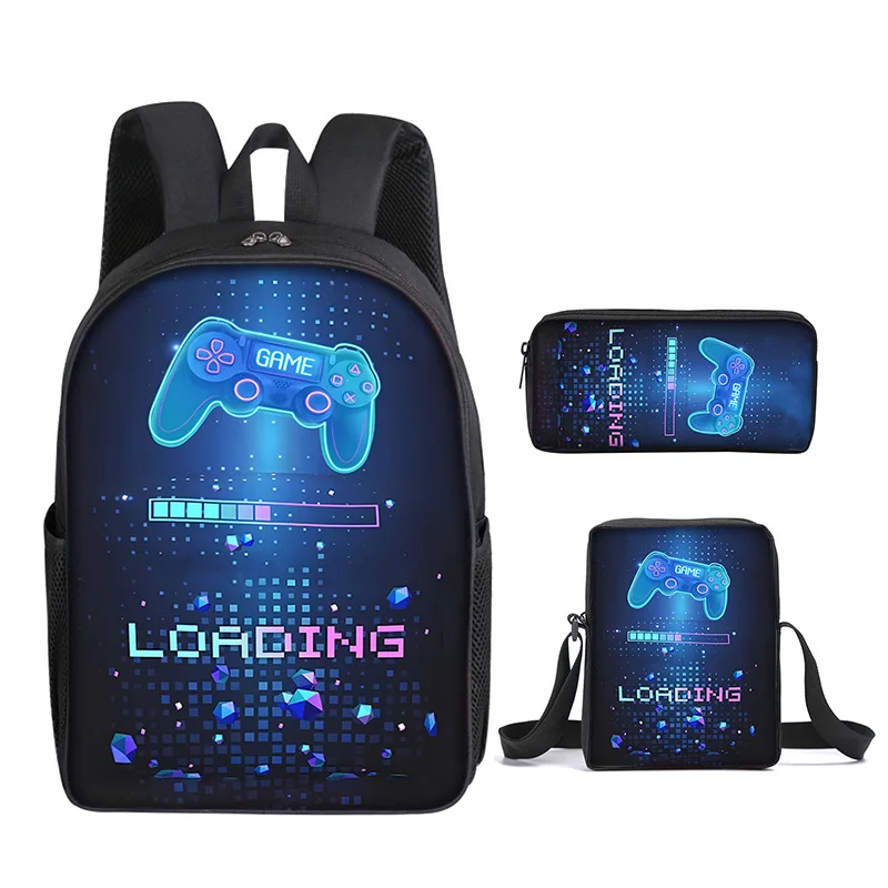 Game console Games print DIY elementary and secondary school backpack three piece set, shoulder bag pen bag three piece set