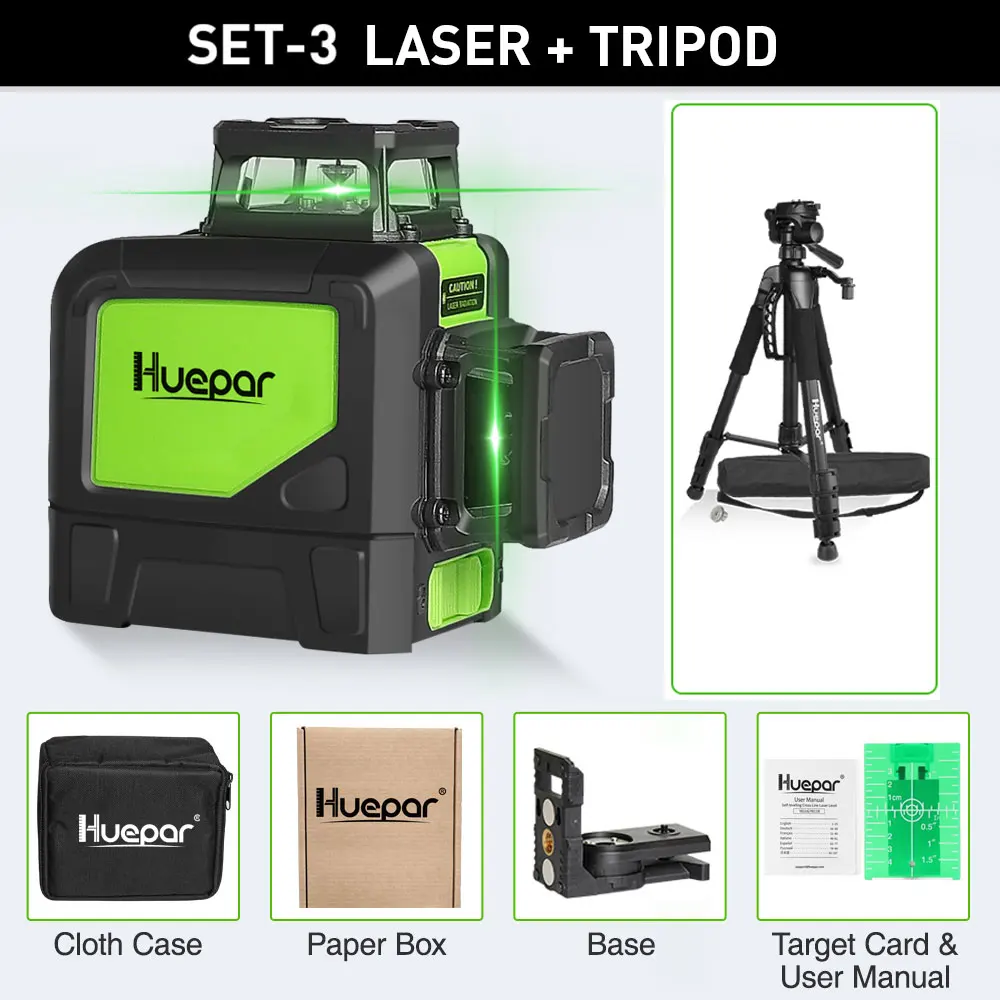 Huepar 8 Lines Laser Level 360° Cross Line Self-leveling Horizontal & Vertical Line Laser Tool With Laser Receiver and Tripod