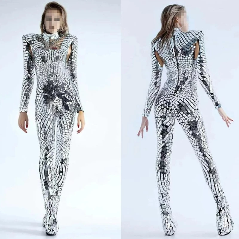 Women Lens Bodysuit Bar Silver Jumpsuit Nightclub show Mirror Sequins Jumpsuit Gogo Stage Show Costume Pole Dance outfit