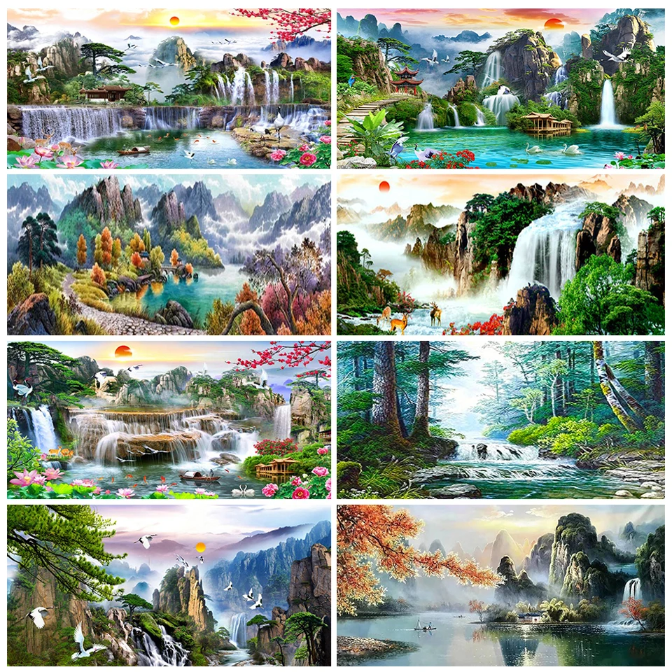 

Large 5D Diamond Painting Mosaic Mountains Waterfalls Natural Lake Crane Full Diamond Embroidery Feng Shui Lucky Home Decoration