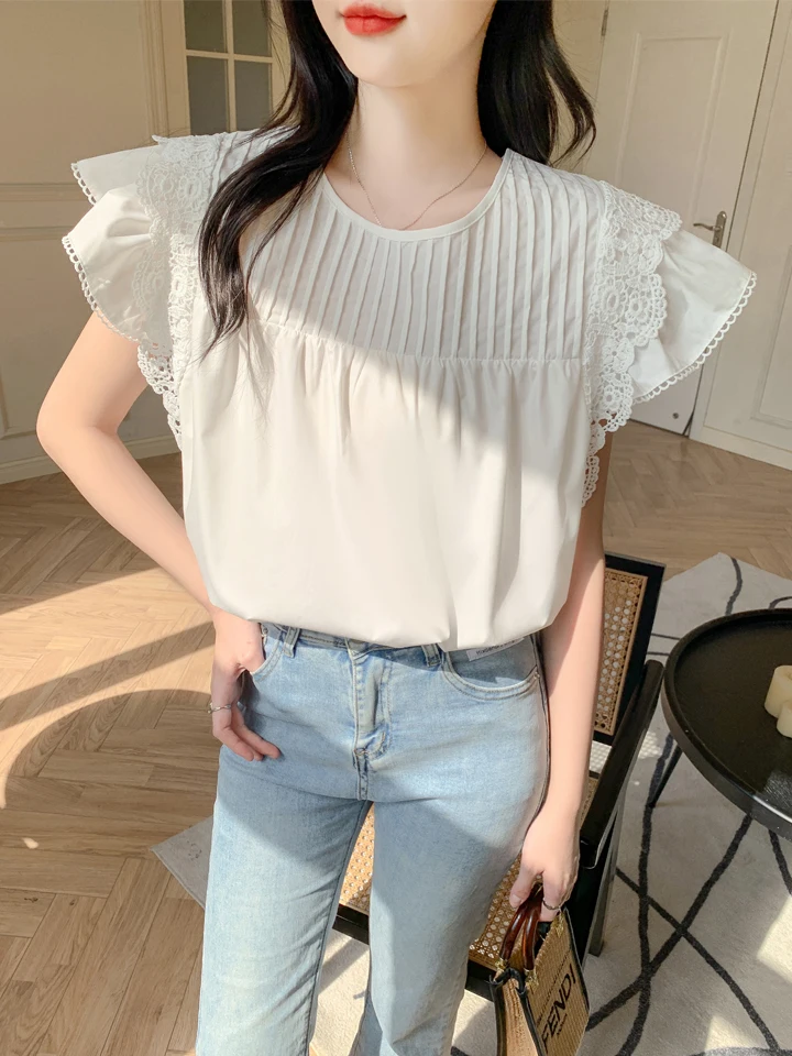 

2024 Summer New Round Neck pleated Western style sleeveless shirt Women's French slim fit waist slimming shirt T-shirt