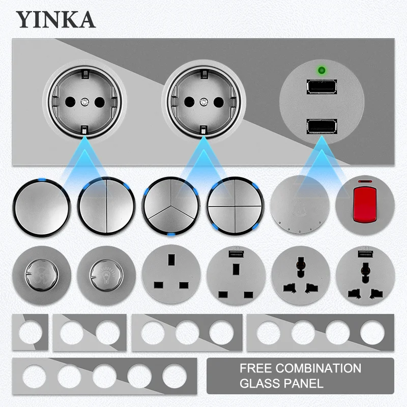 YINKA DIY Tempered Glass Panel Sockets Light Switches Free Combination Function Wall Socket Dual USB 110-250V~ 16A,1/2/3/4/5Gang