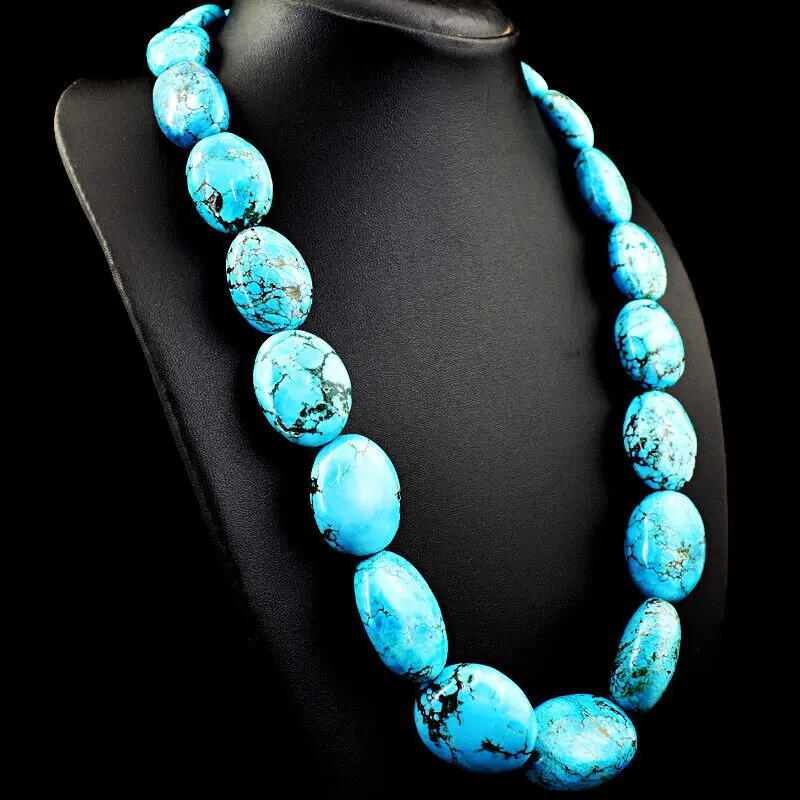 Natural Untreated Turquoise Oval Shape Beads Necklace