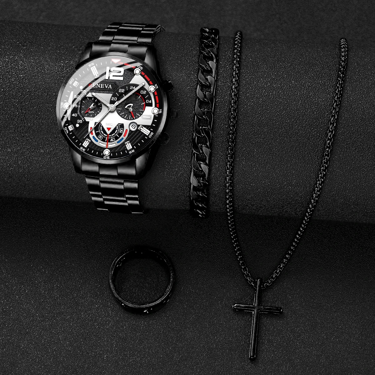 4PCS/Set Fashion Men Watches Black Steel Band Men Business Quartz Watch Jewelry Set（Without Box）