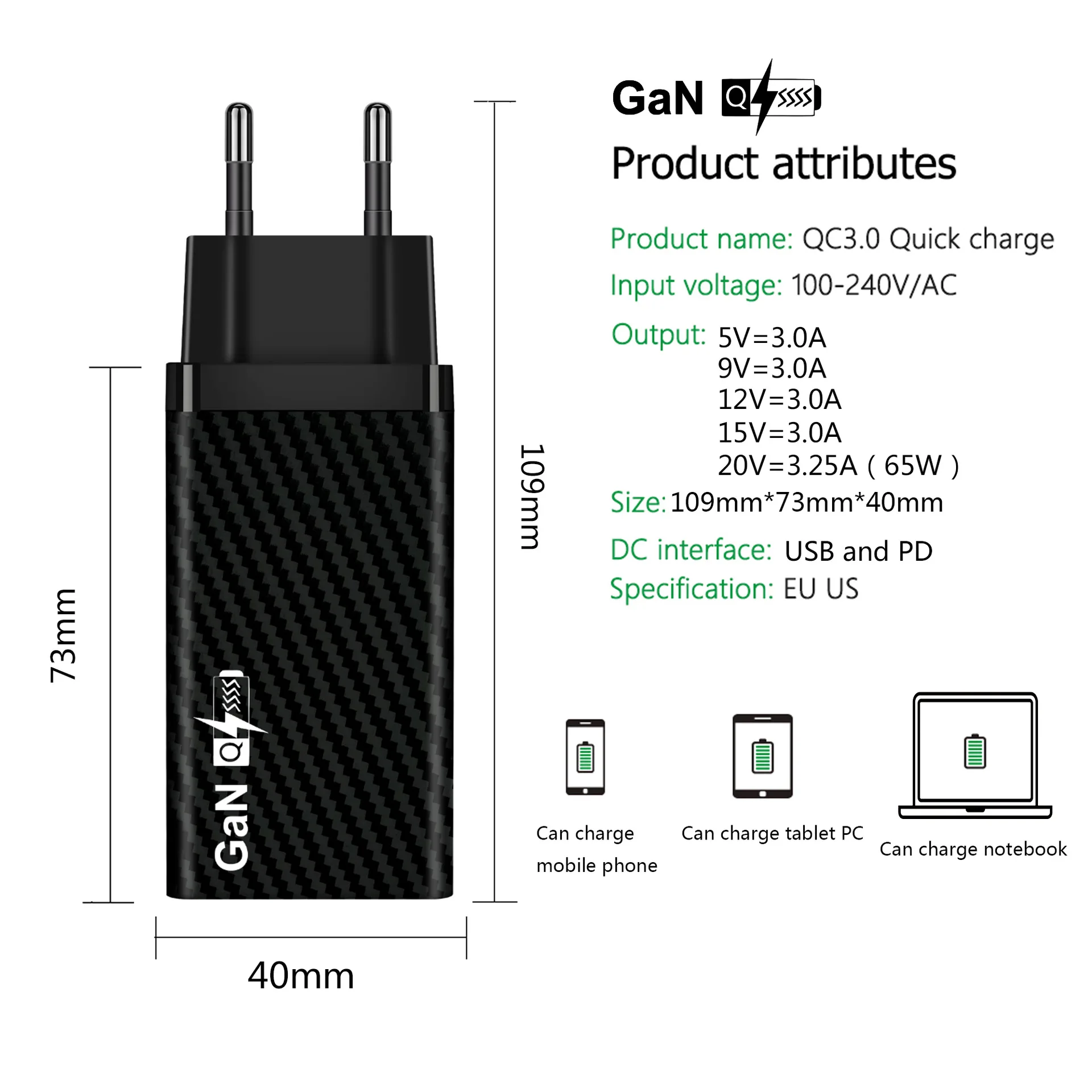 Gan 충전기 PD 65W USB C 노트북 충전기, 맥북 HP 델 스팀 데크 레노버 아이폰 15 14 13 12 11 프로 맥스 삼성 화웨이 아이패드용