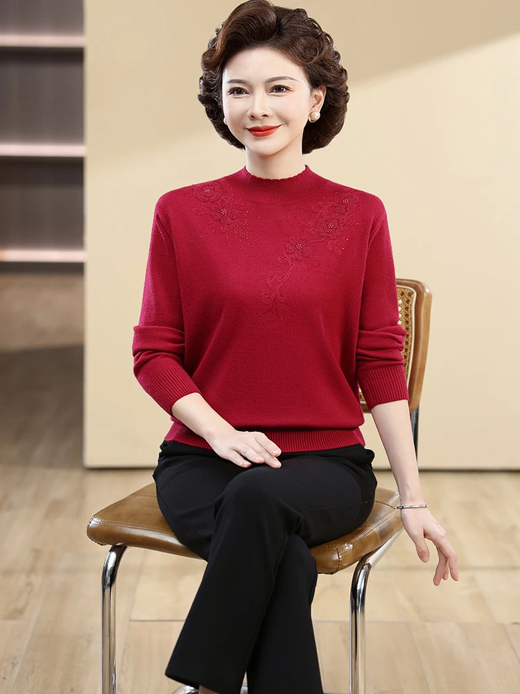 

Модный вязаный свитер для мамы, свободный крой, вышитый цвет, топ с высоким слоем, женская повседневная одежда