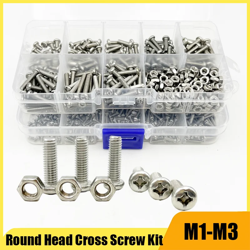 

M1 M1.2 M1.4 M1.6 M2.5 M3 A2 304 Stainless steel Cross Round Phillips Pan Head Screw Bolt Nut Small Machine Screw Assortment Kit