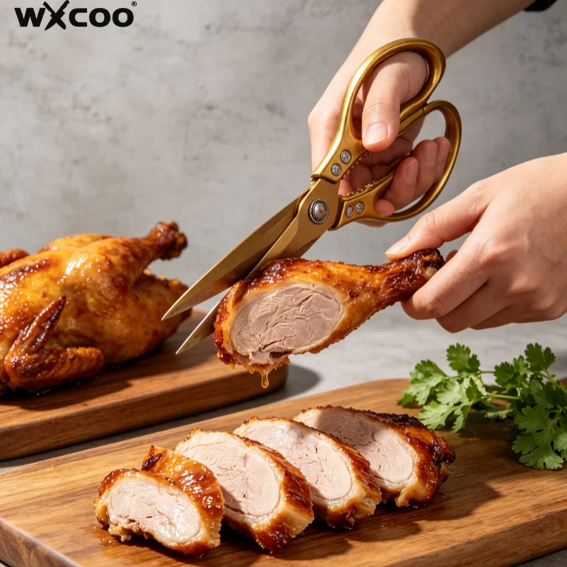 WXCOO 1PCS Extended Kitchen Scissors BBQ Tongs Gold Stainless Steel Multifunctional Kitchen Shears for Cutting Chicken Meat Fish