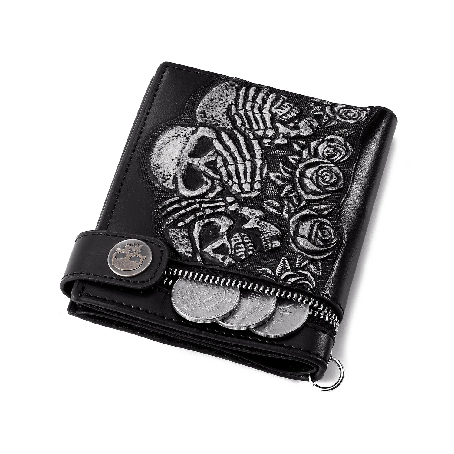 Cartera de motorista Retro de PU para hombre, monedero de lujo, diablo, Calavera, muerte, Punk, Rock, corto, antirrobo, con cremallera