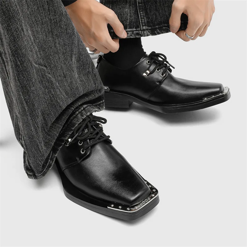 large size mens casual stage nightclub natural leather shoes black trendy square toe shoe designer cool sneakers mans footwear