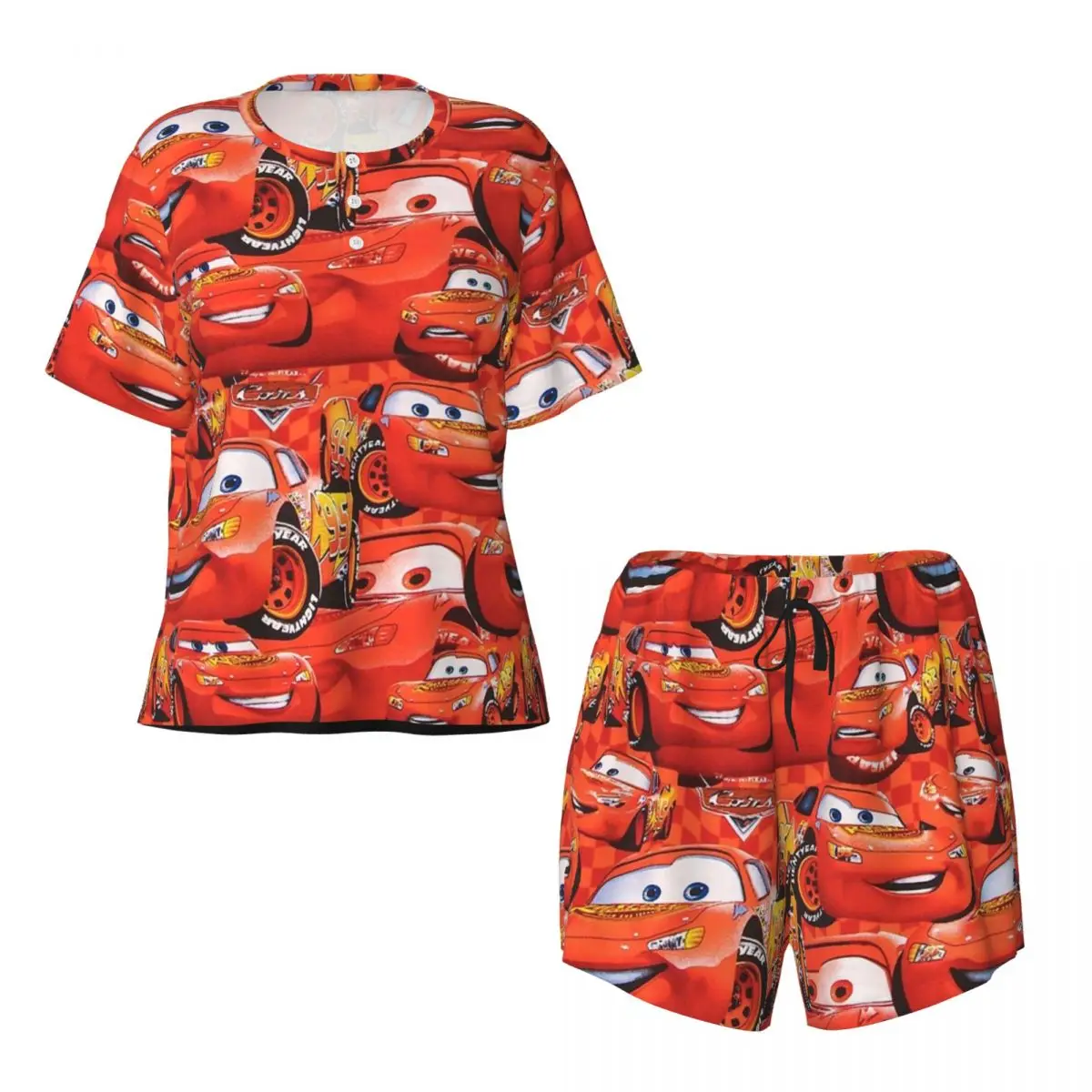 Custom Cartoon Cars Lightning Mcqueen Face Pajamas Set Women 2-Piece Short Sleeve Sleepwear Loungewear PJ Shorts Sets