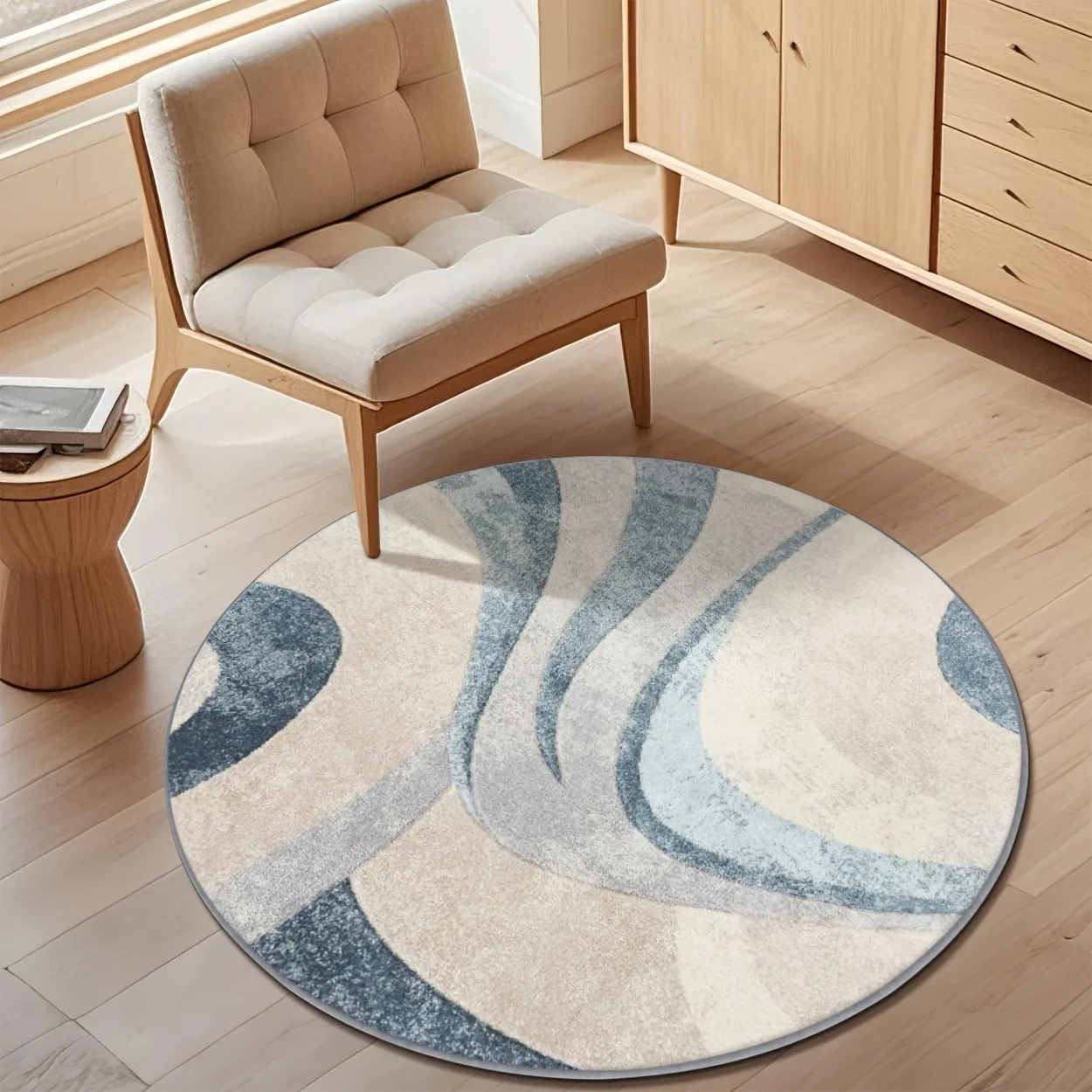 Minimalist Blue Beige Curve Art Round Rug,Faded Abstract Swirl Texture Printed Circular Floor Mat,Living Room Decor Carpet