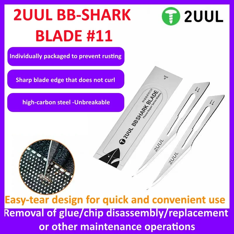 

2UUL DA18 BB SHARK BLADE # 11 лезвий для ремонта телефонов из высокоуглеродистой стали, 100 шт., с легко отрывающимся дизайном, быстрым отрывом, герметичной упаковкой, защитой от ржавчины