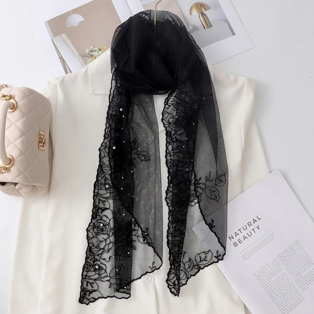 

Модный зарубежный стиль, инкрустированный жемчугом и бриллиантами, цветочный кружевной шелковый шарф, женский декоративный треугольный шарф на талии, головной платок Tide