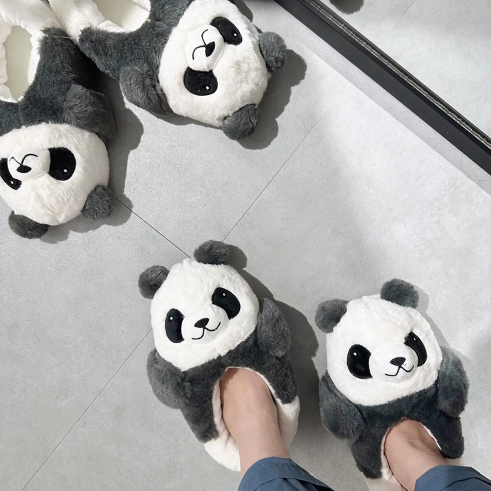 2023 Cute Panda Fluffy Slippers Women Furry Fur Slippers Heel Cover House Shoes Flats Winter Kawaii Animal Indoor Home Slides