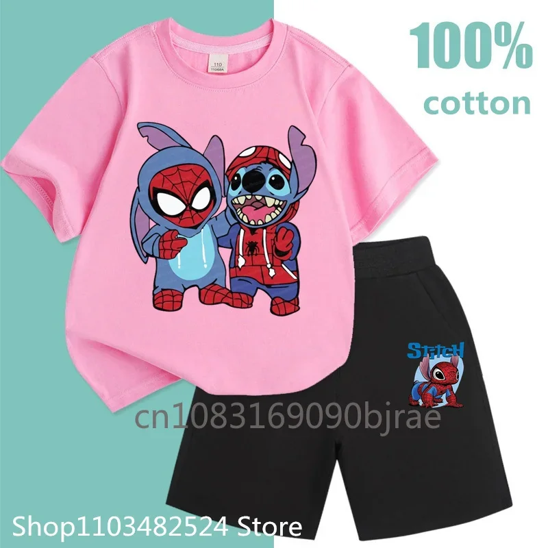 T-shirt Sets 100% Cotton Summer Kids Disney Stitch Pattern Printing Fashion Boys Short Sleeve Round Neck Trend Girl Sets Clothes