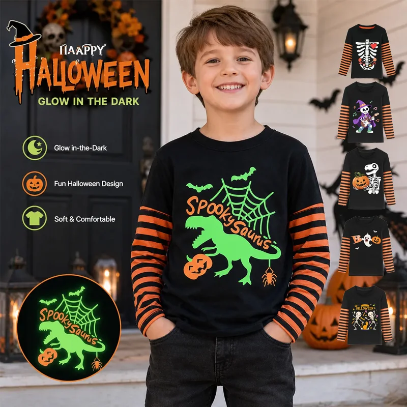 Little Hand Kids Halloween Long Sleeve Shirt Boys Girls Striped Top Dinosaur Ghost Pumpkin Glow In Dark Casual Tee for 2-7T