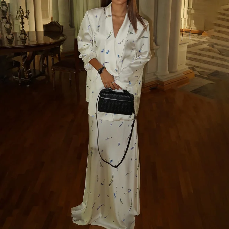 2025 moda solta impressão feminina duas peças conjunto elegante blazer de manga longa com cintura alta maxi saia conjunto feminino streetwear