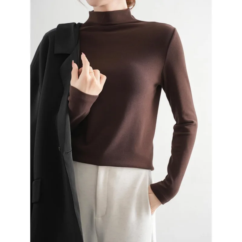 Autumn Winter Half High Collar Wool Bottom T-Shirt Women Soft Warm Lyocell Acetate Slim Long Sleeve Basic Tops