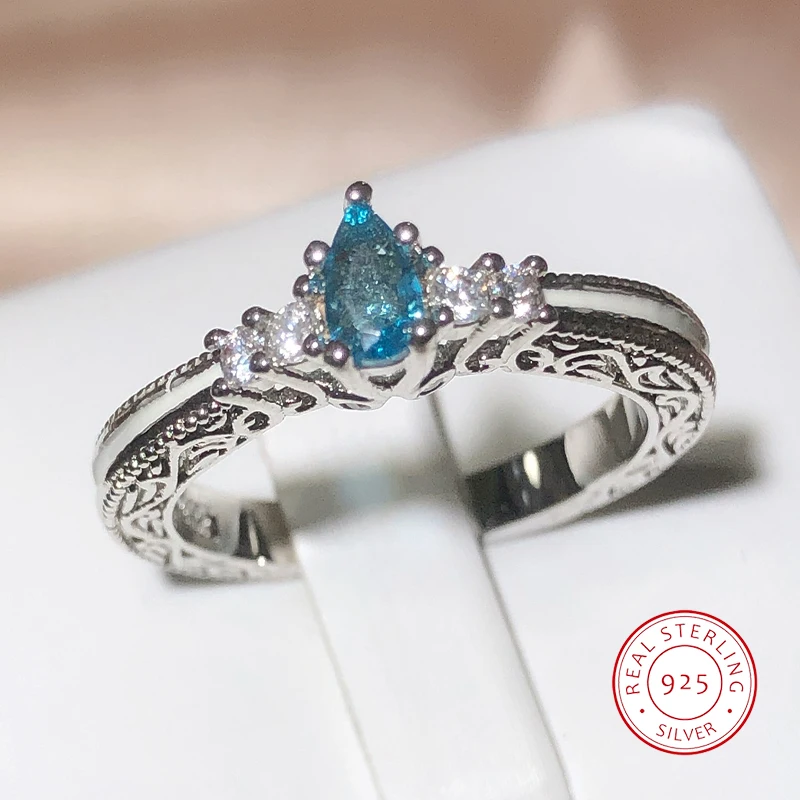 New Fashion Hollow Water Drop Aquamarine Topaz Ring 925 Stamp Party Wedding Jewelry Gift Wholesale