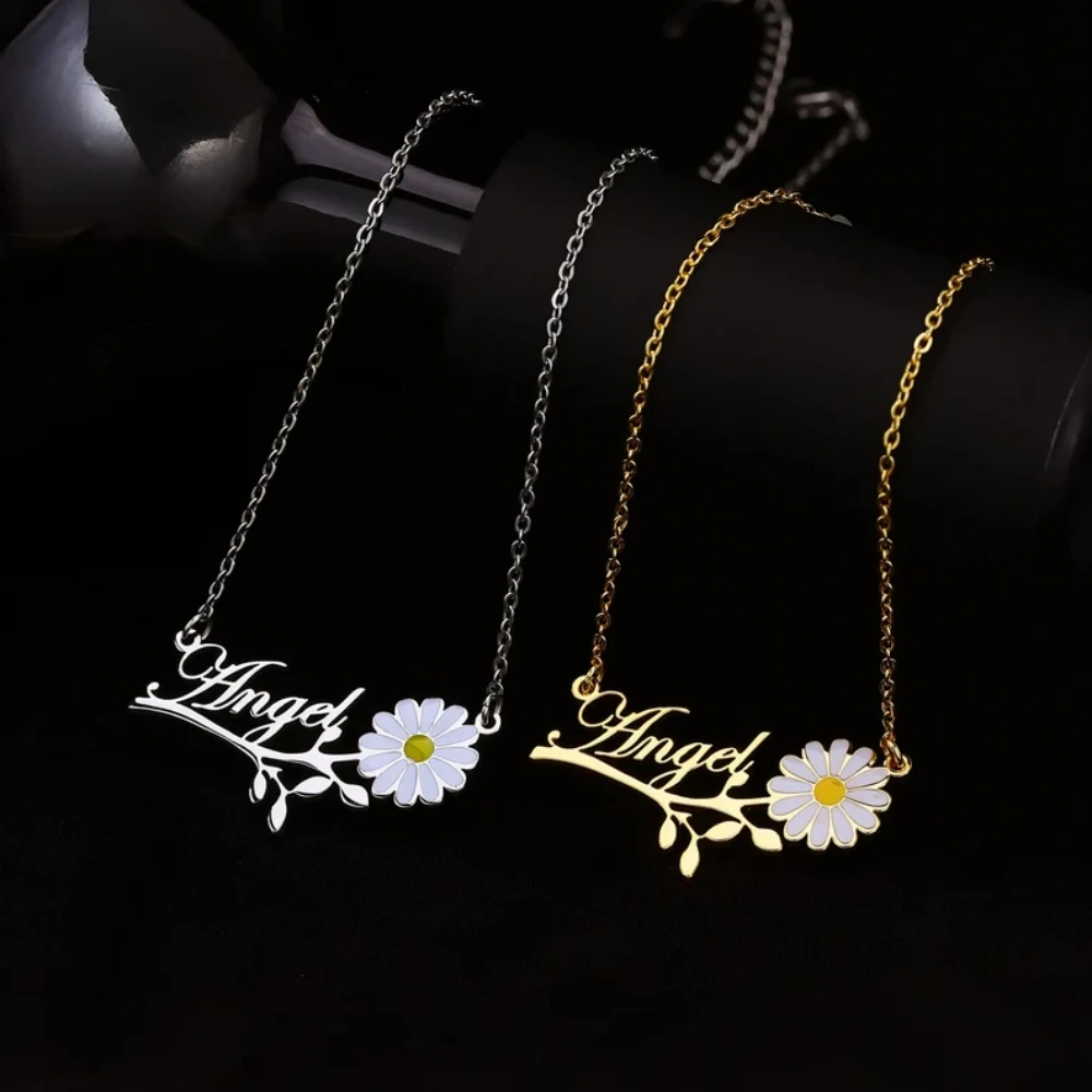 

Personalized Daisy Flower Pendant Custom Name Necklace 18K Gold Plated Jewelry Stainless steel Enamel Name Pendant For Her