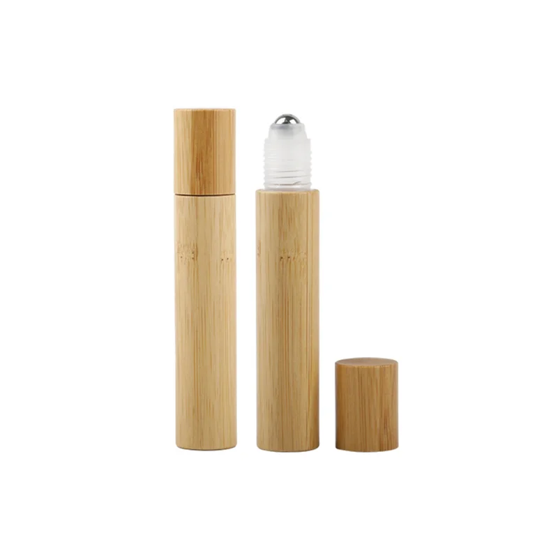 100Pcs/Lot 10ml Portable Bamboo Wood Perfume Empty Oil Bottle Plastic Liner Stainless Roll On Ball for Perfumery Eye Message Oil