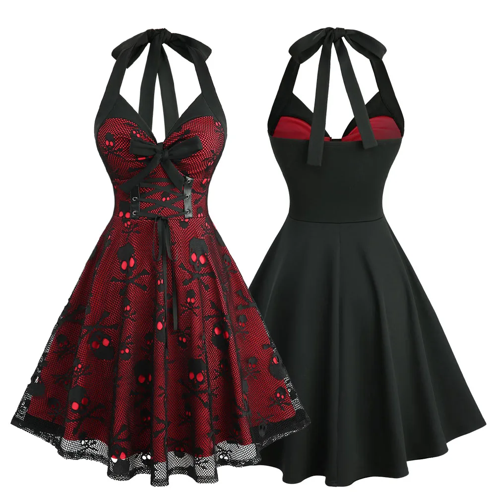 ROSEGAL-Disfraz gótico de Halloween, Mini Vestidos, ojales de vampiro bruja, Panel con lazo y cordones, vestido Retro con calaveras