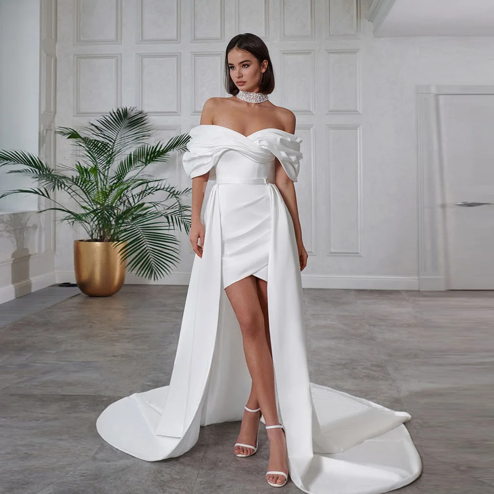 Elegante Off-The-Shoulder Korte Trouwjurken Mouwloze Zeemeermin Bruidsjurken Afneembare Sweep Trein Vestidos De Novia 2024