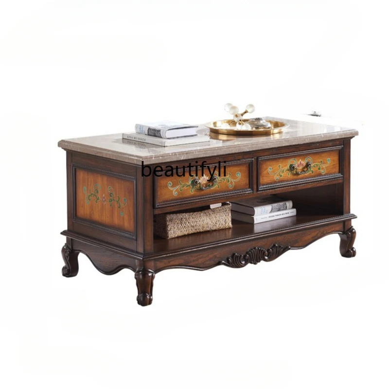 

American Marble Coffee Table Living Room Furniture Large Apartment Solid Wood Retro Color Rectangular Double Layer Tea Table