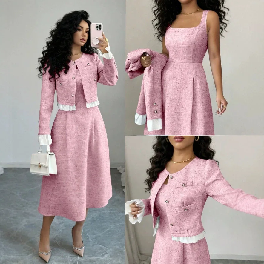 Coarse woolen two-piece short jacket+A-line medium long dress new spring/autumn small fragrance style women's clothing
