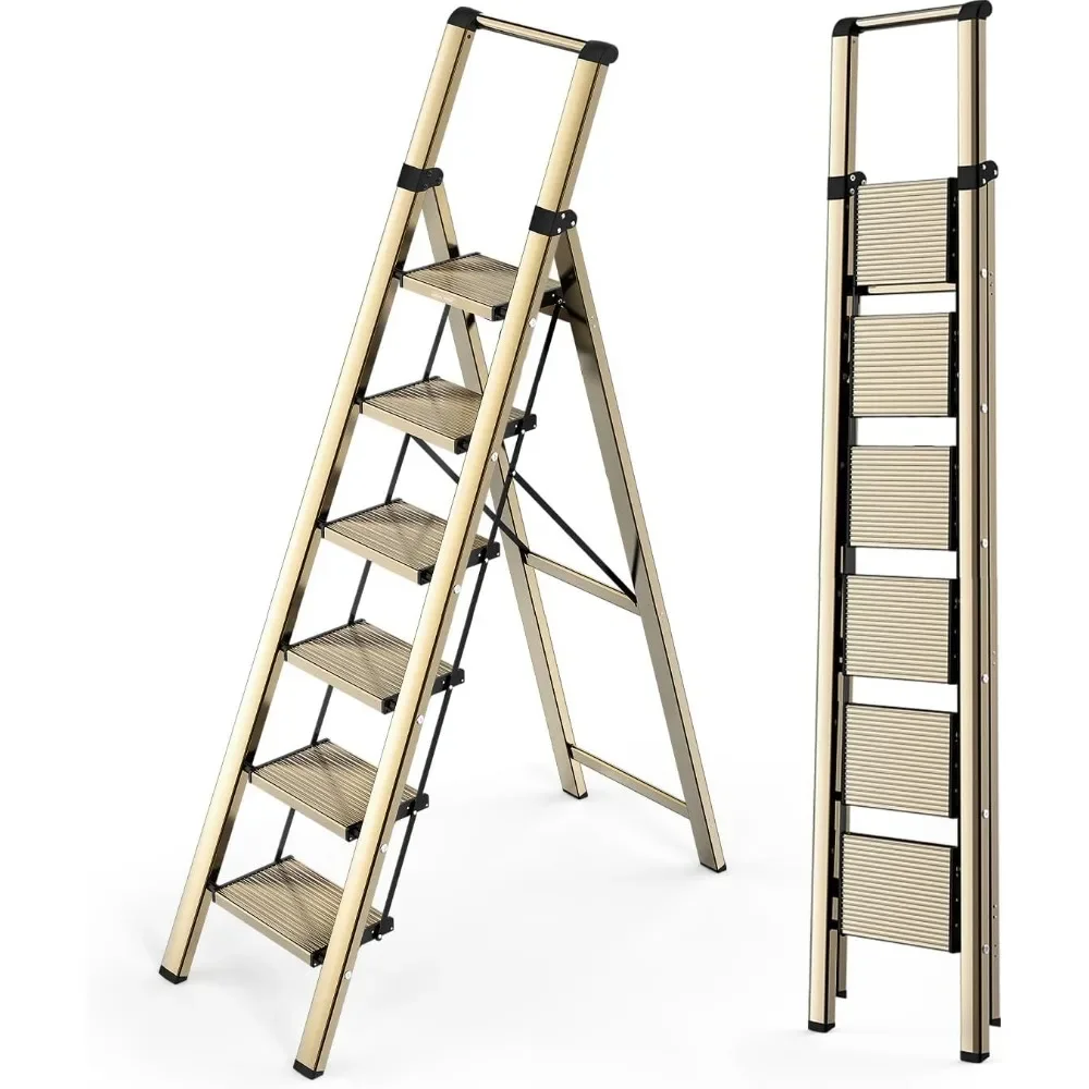 

6 Step Ladder, Lightweight Folding Ladder with Non-Slip Wide Pedals, Ladder with Safe Grip Handle, Easy to Open and Close