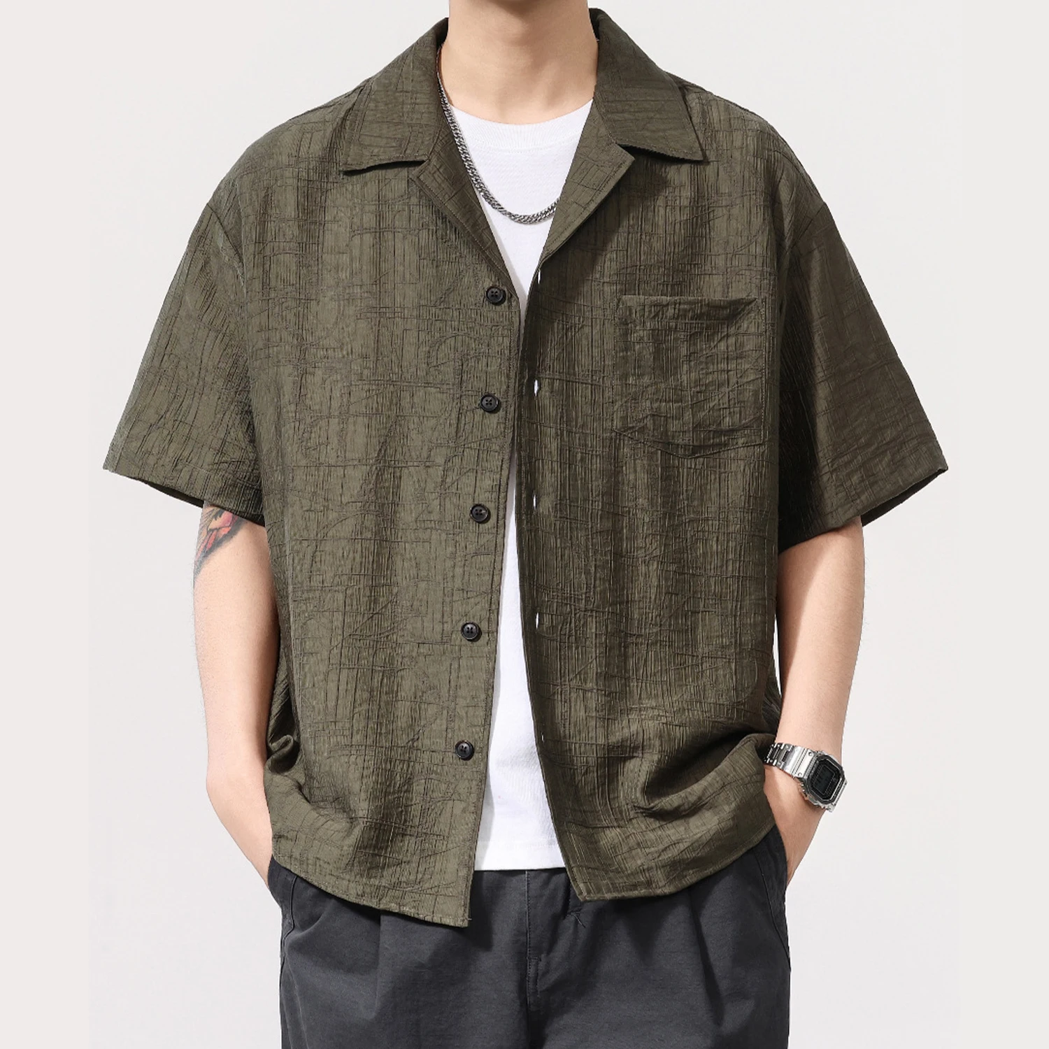 

Men's Summer Thin American Retro Loose Shirt Casual Open Cardigan Jacket Short Sleeve Laisel Large Size Clothing