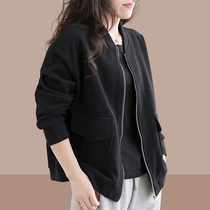 New Spring and Autumn Fashion Round Neck Zipper Cardigan Baseball Suit Loose Versatile Age Reducing Casual Short Women\'s Coat