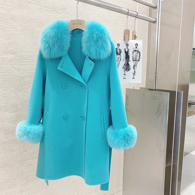 2023 New Women Double-sided Woolen Fox Real Fox Fur Collar Fashion Cashmere Coat Women's Mid-length Woolen Coat Trench Coat Wint