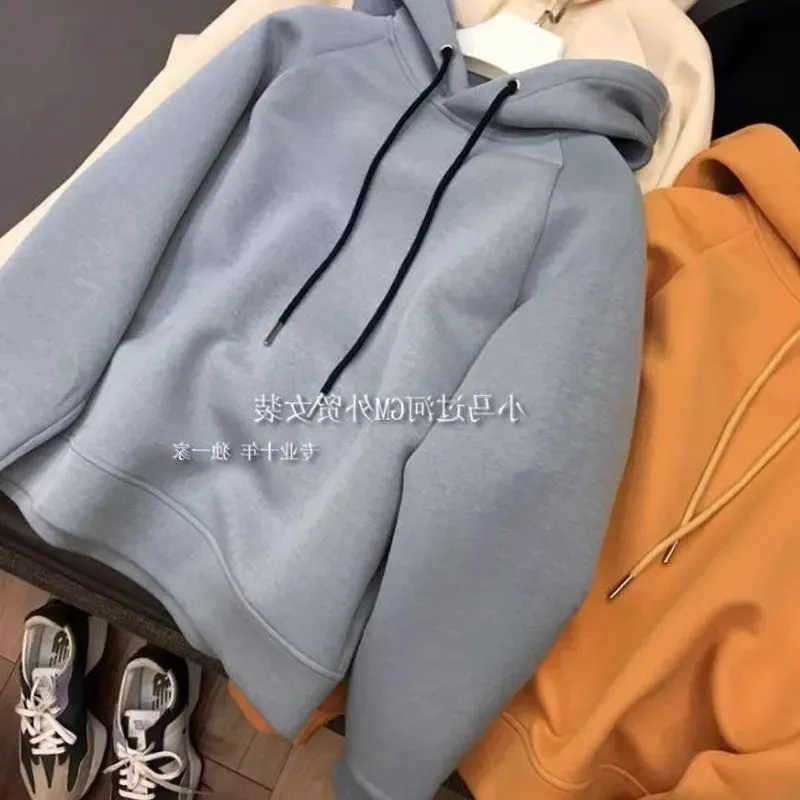 2025 New Autumn Style Plus Velvet and Thickened Design Niche Hooded Loose Versatile Casual Short Sweatshirt Women's Solid Color