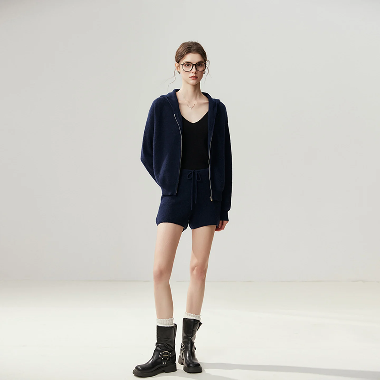 Women 100% Cashmere Sweater Waffle Zipper Hooded Cardigan Shorts Set Autumn Winter Short Pants Solid Drawstring Trousers Knitted view 2