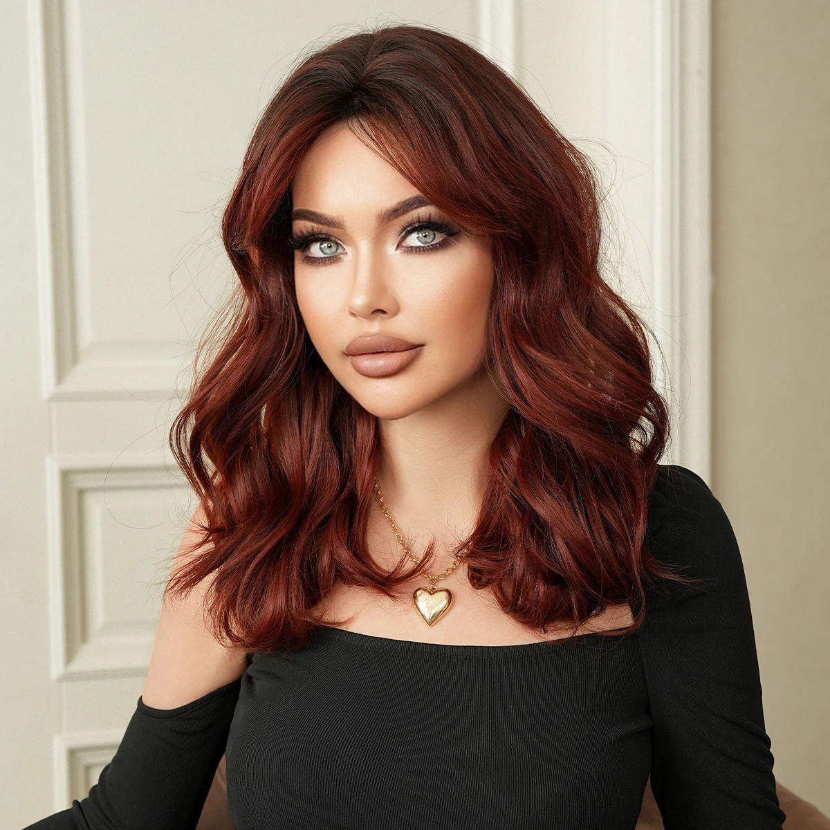 Shoulder Length Body Wave Wine Red Wig for Women High Density Synthetic Layered Modest Fashion Middle Part Wigs with Dark Roots - view 2