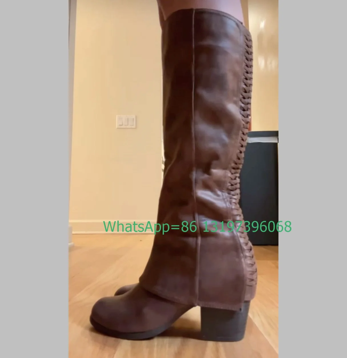 Lady Vintage Dark Brown Pu Knee Turn-Over Boots Punk Runway New Arrive Round Toe Boots Daily Causal Cowboy Boots Size 34-46