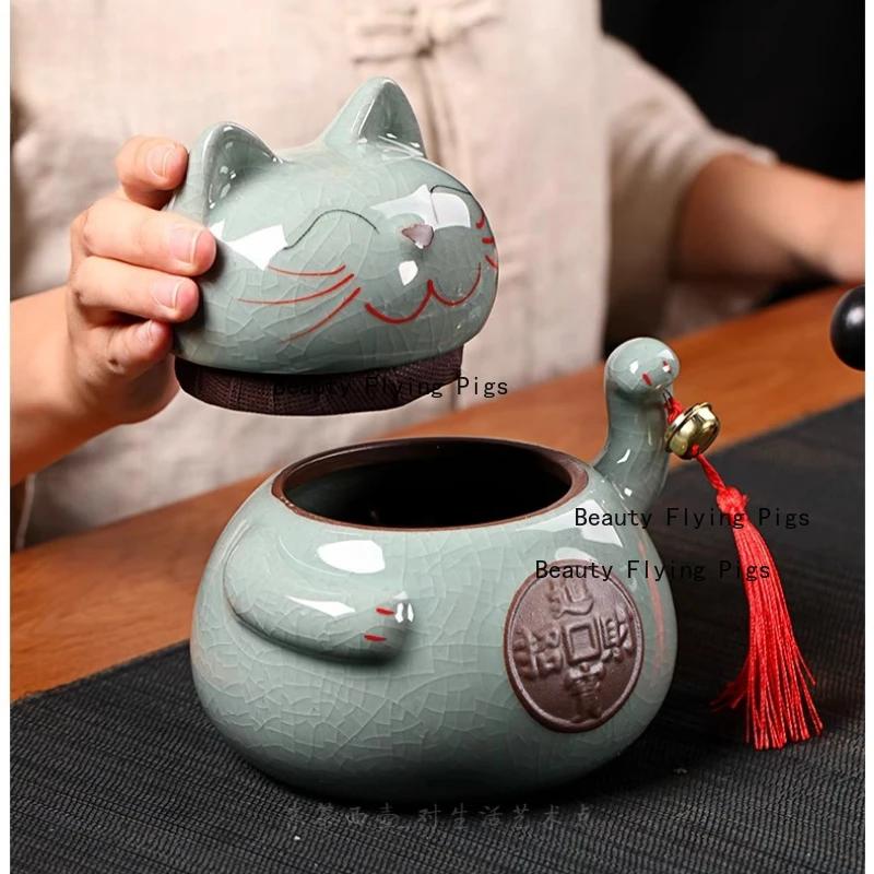 Ceramic Tea Jar Creative Home Cat Moisture-proof Sealed Jar Wealth and Wealth Promotion Ornament Coffee Bean Storage Jars