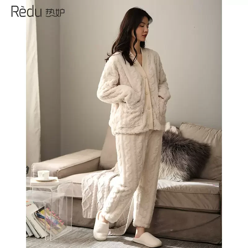 Redu Pyjama Frauen im Herbst Winter Korallen samt einfarbige Strickjacke Samt verdickte Kleidung weibliches Zuhause draußen