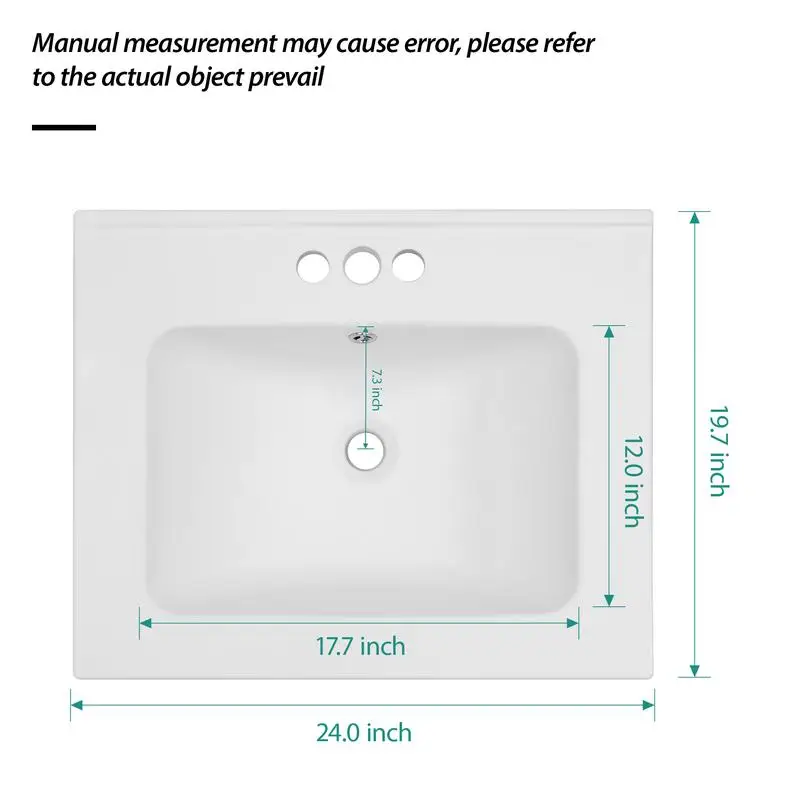 بلوزة مستطيلة بيضاء مقاس 24 بوصة × 19.7 بوصة مع 3 فتحات للصنبور وحوض الفائض فقط