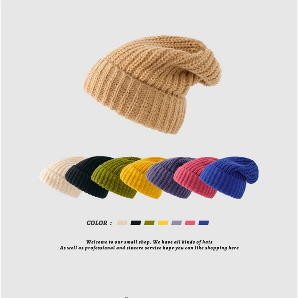 2024 Loose Windproof Hat Winter Solid Color Thick Woolen Caps For Women Ski Slouchy Cap Skull Winter Warm Caps Warm Beanies Hat