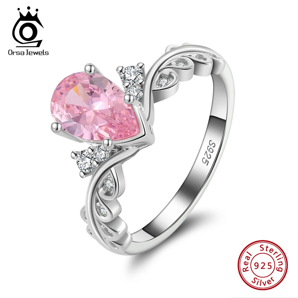 

ORSA JEWELS Pink Zirconia Rings 925 Sterling Silver Water Drop Charm Finger Ring Angel Wings Shaped Wedding Clear CZ Ring LZR17