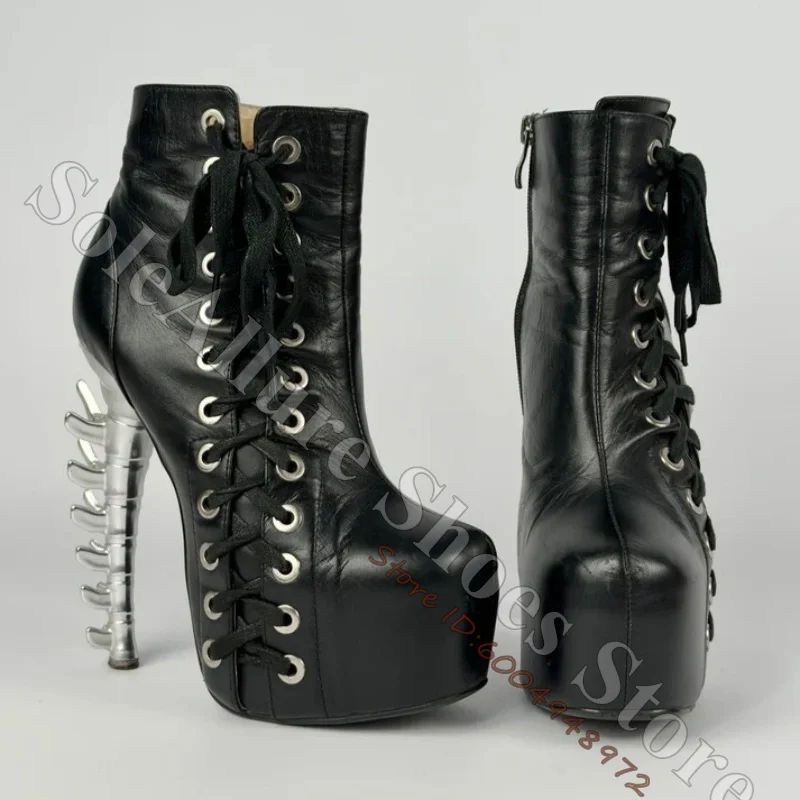 Black Faux Leather Platform Ankle Boots Metallic Skeleton Bone Shaped Stiletto Heels Women Gothic Lace Up Side Zipper Punk Boots