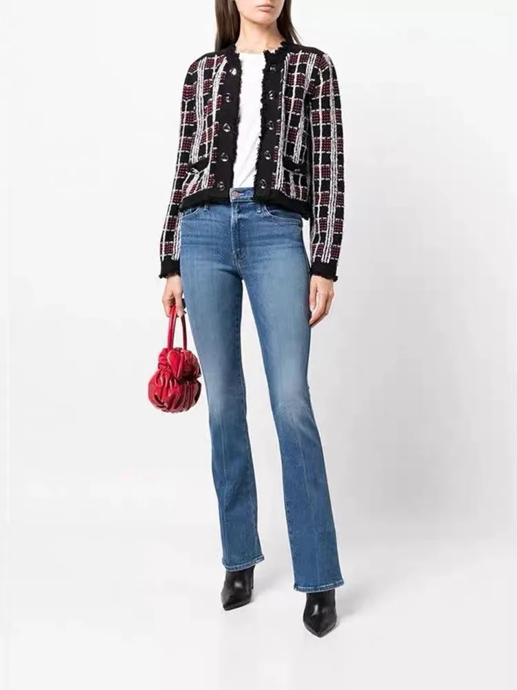 

Women's High Waist Micro Flared Jeans - Stretch Denim Long Trousers with Zipper, 2 Colors for Autumn Winter 2025