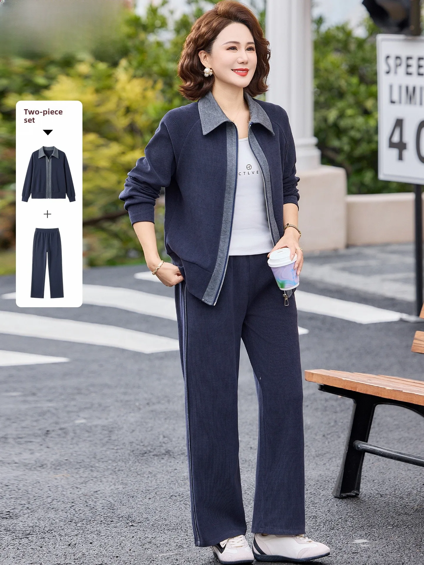 

Casual Spor Two-Piece Set for Women over 50 Spring Faion Mom Clothes And Pear Body pes Loose Fit Long Pants