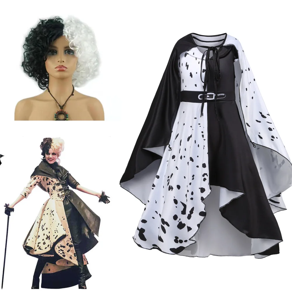 Cruella Deville Costume Kids White Black Dalmatian Vestidos Baby Girls Halloween Party Dress Children Performance Dresses Cloak